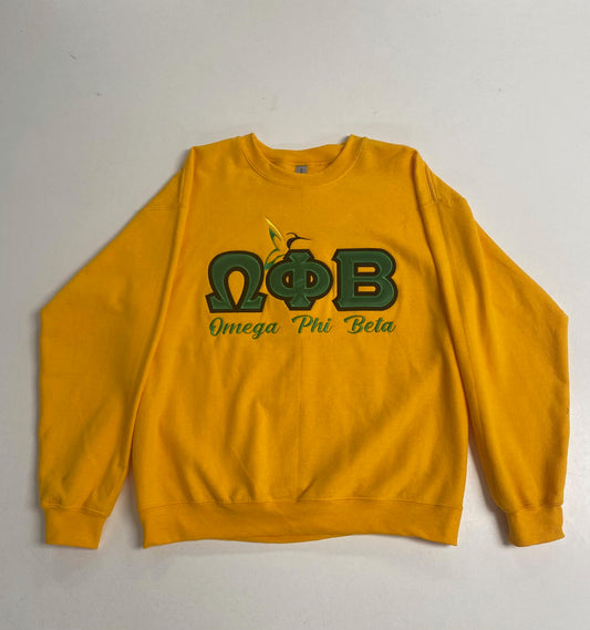 Omega Phi Beta Crew Sweater in Gold
